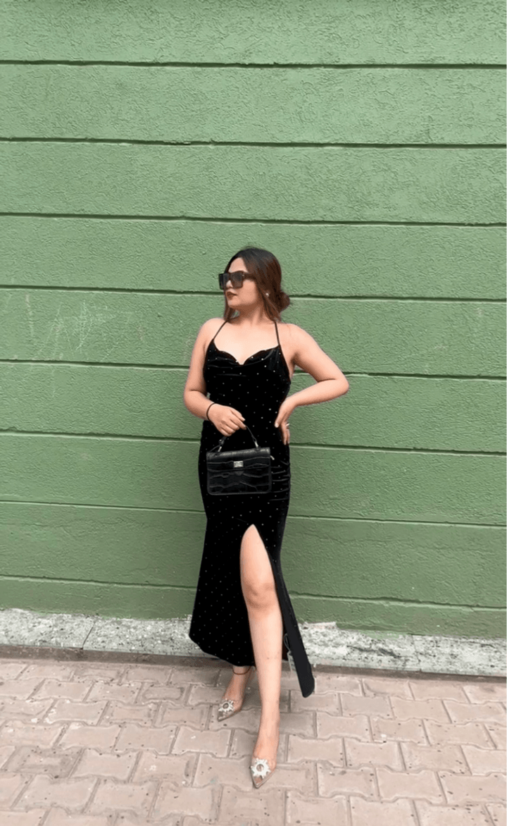 Rhinestone Velvet Slit Dress丨Urbanic | Most Favourite