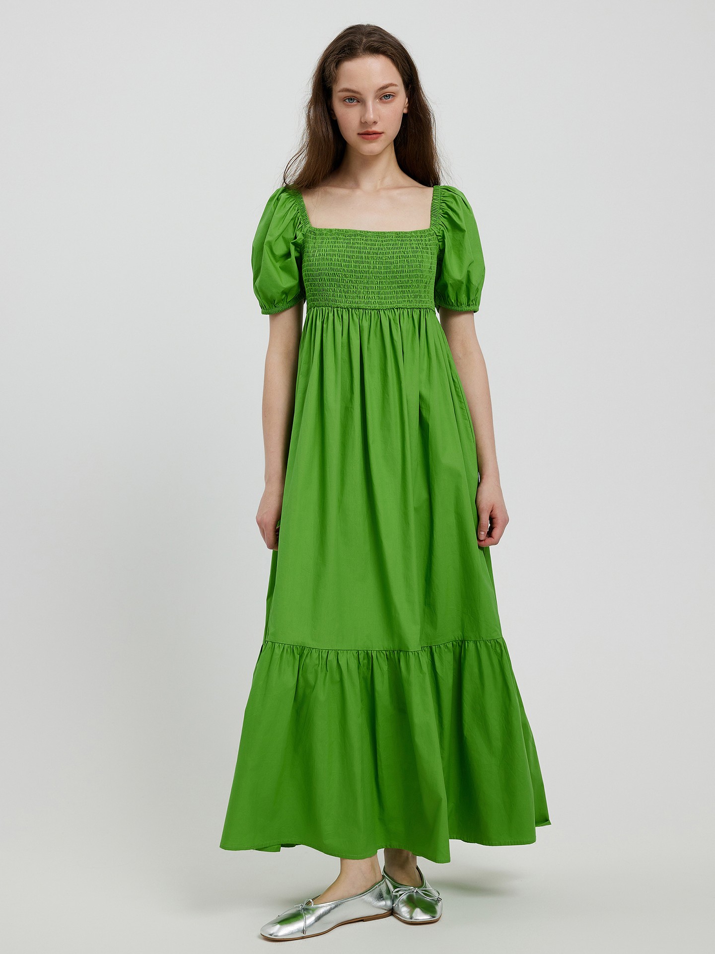 Long Ruched Puff Sleeve Dress