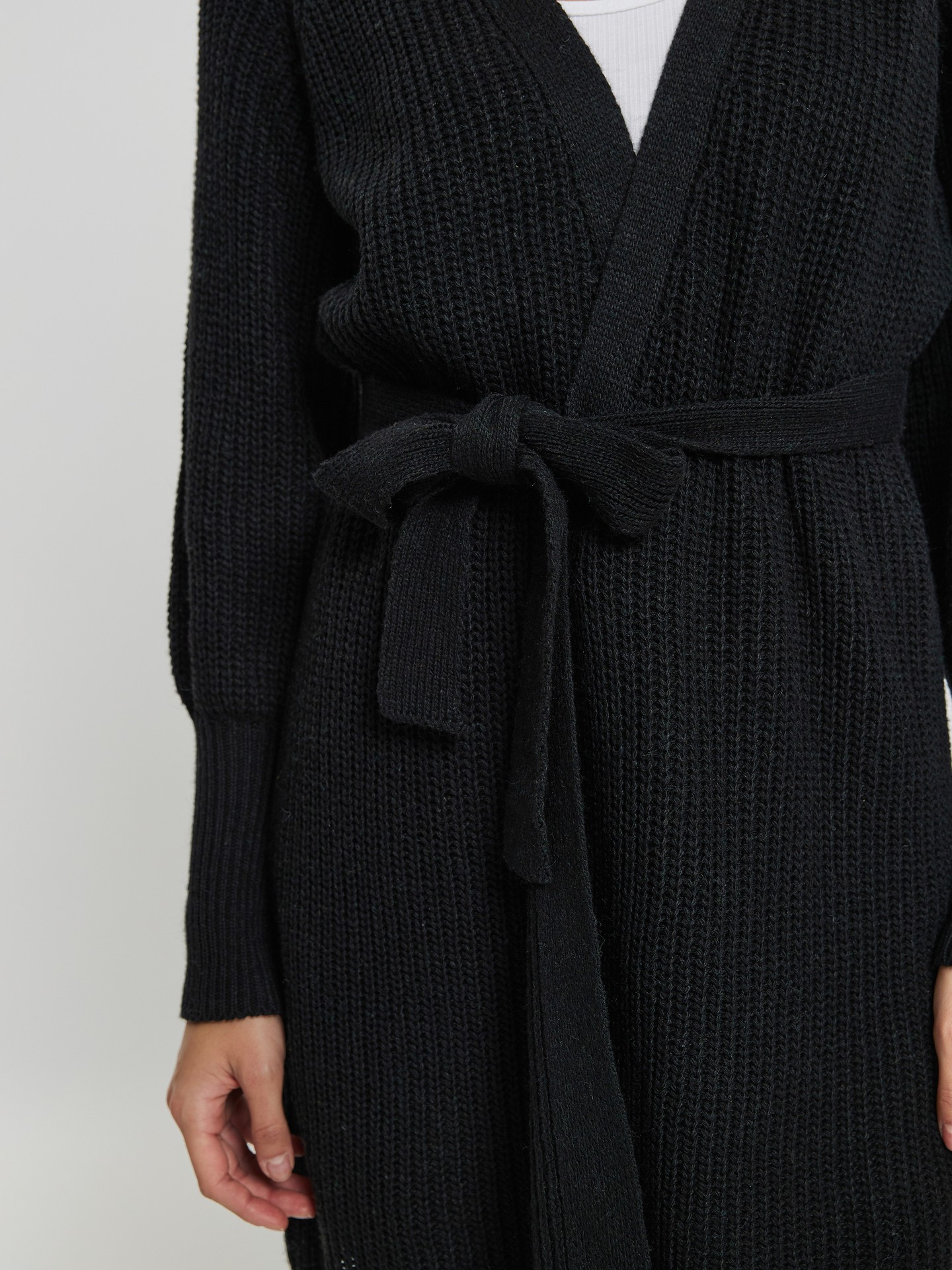 Belted long chunky knit cardigan