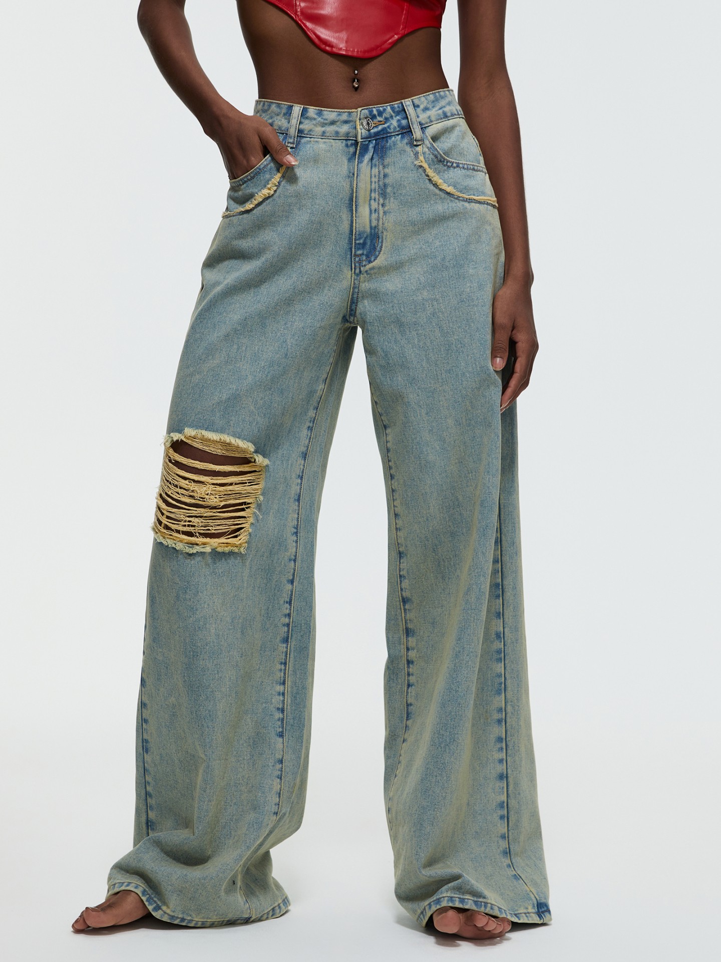 Ripped Mid-waist Wide Leg Jeans