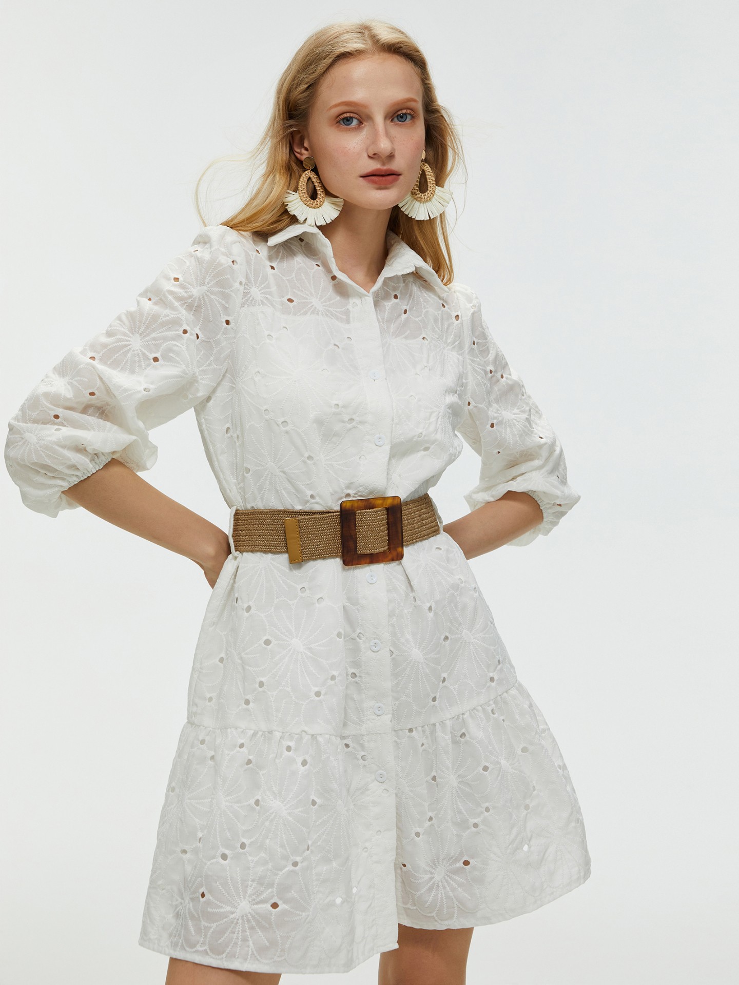 Belted Shirt Dress With Cutwork Embroidery