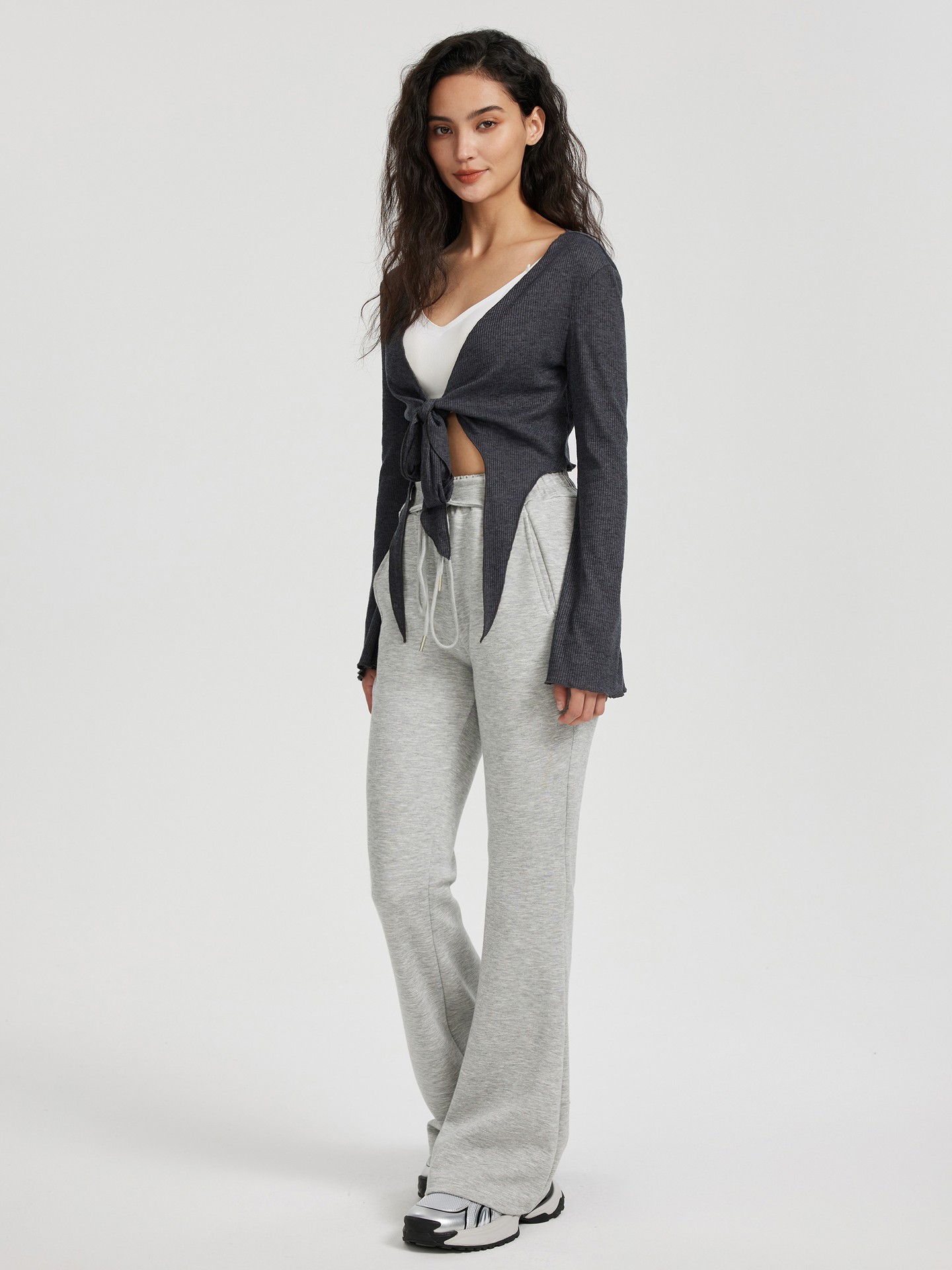 Grey Wide Ribbed Basic Flares