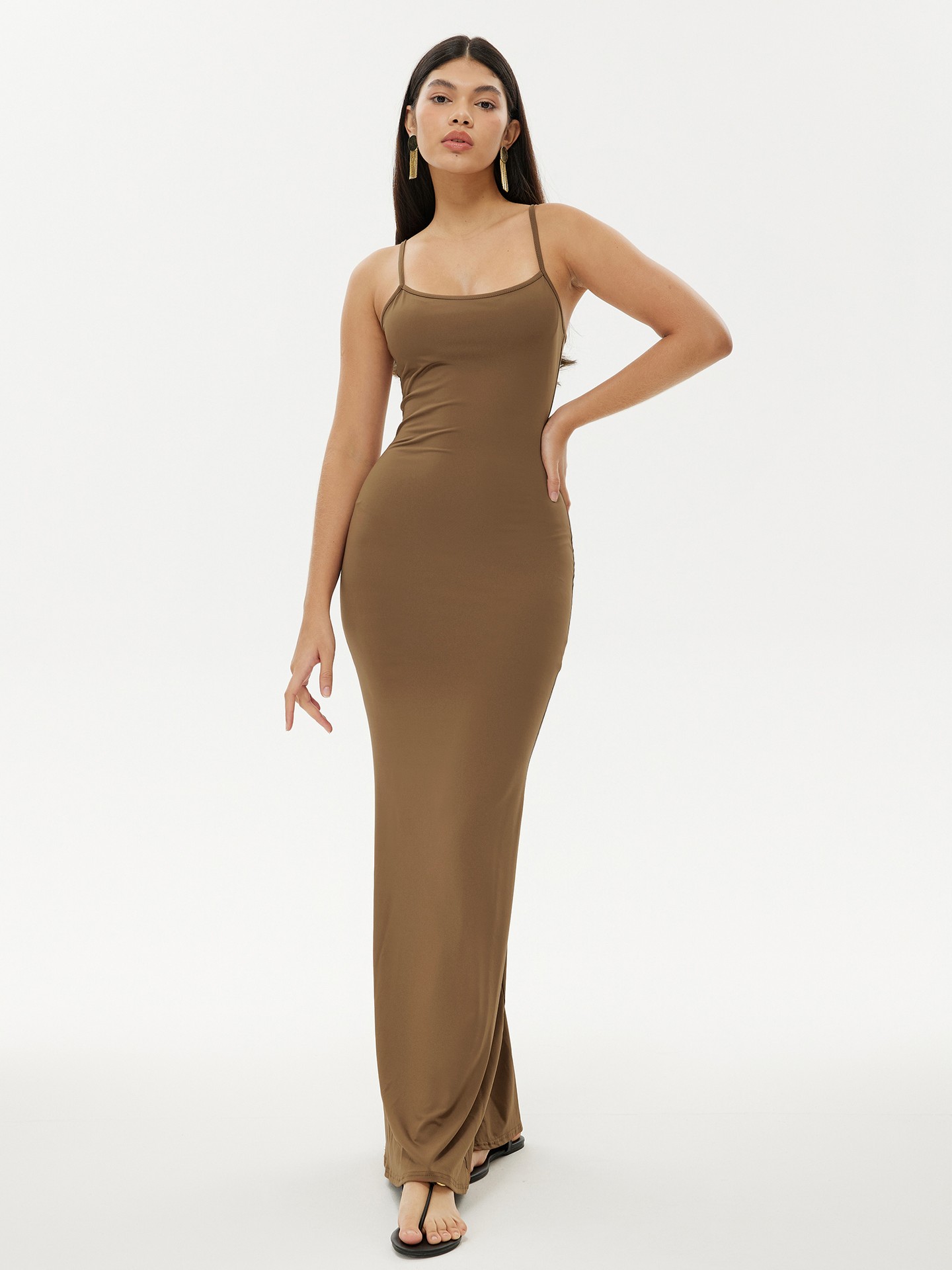 Coffee Brown Bodycon Tank Dress with Open Front Coat