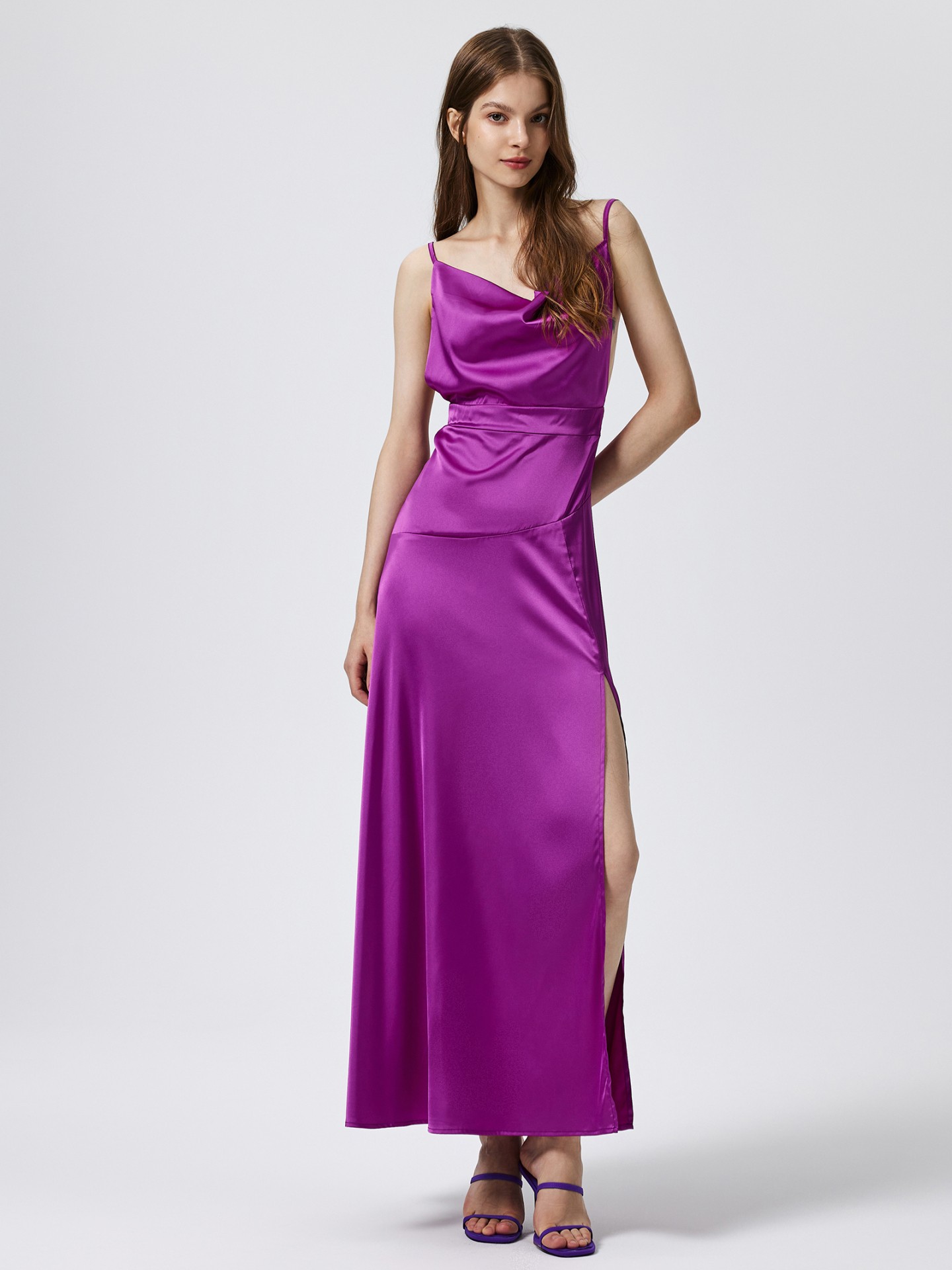 Long Satin Slip Dress With Slit