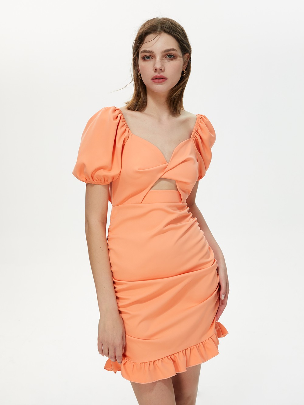 burnt orange ruffle dress