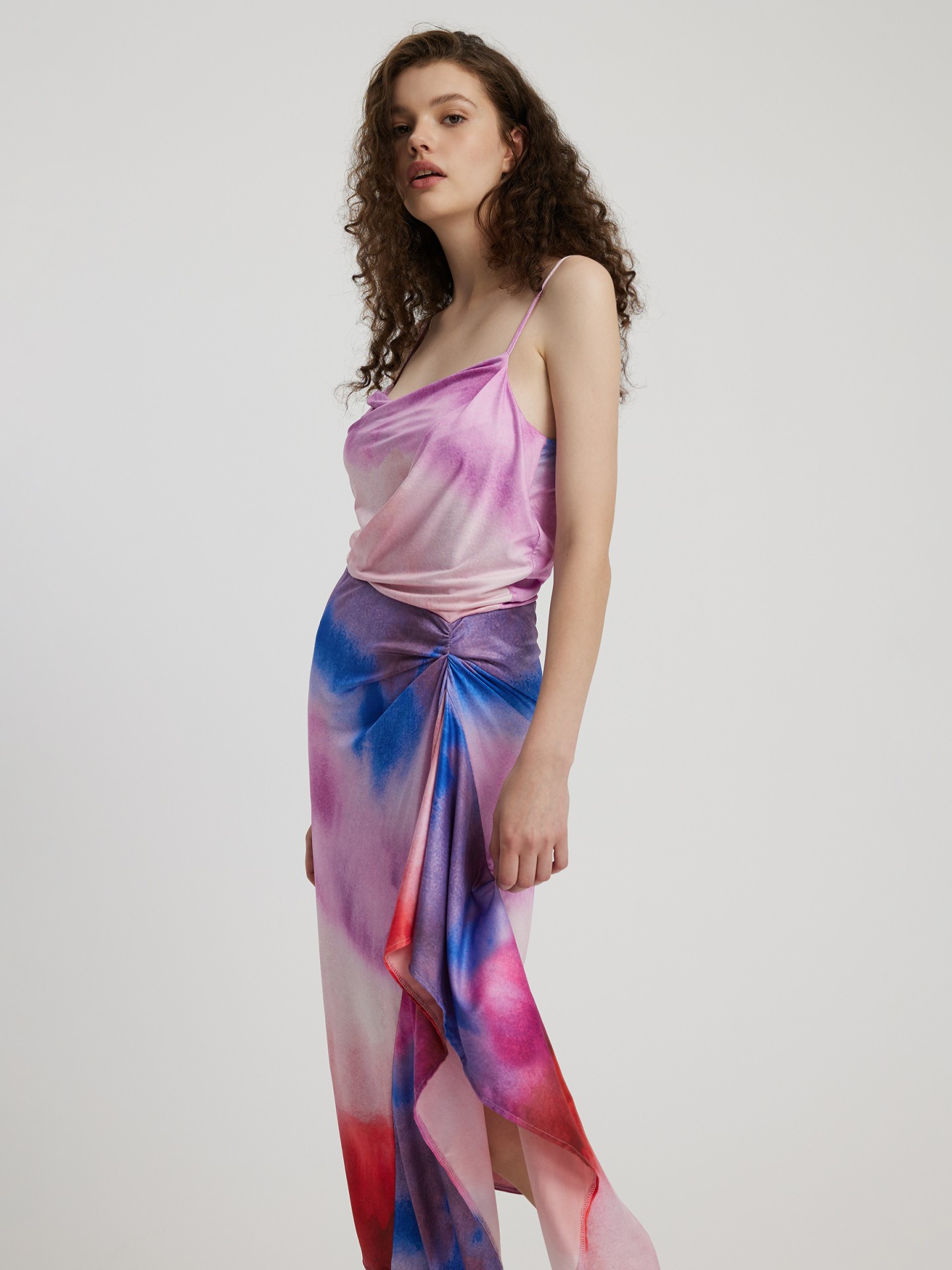 Printed Asymmetric Dress With Gathered Detail