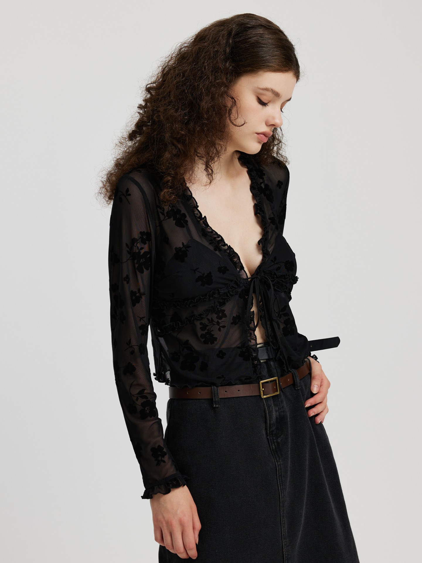 Stradivarius sheer lace trim blouse in black