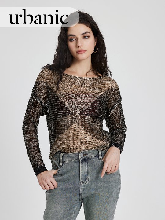 Urbann-Vibe Oversized Knit Pullover With Yellow Tulle Patchwork For Women, Autumn Statement main image 0