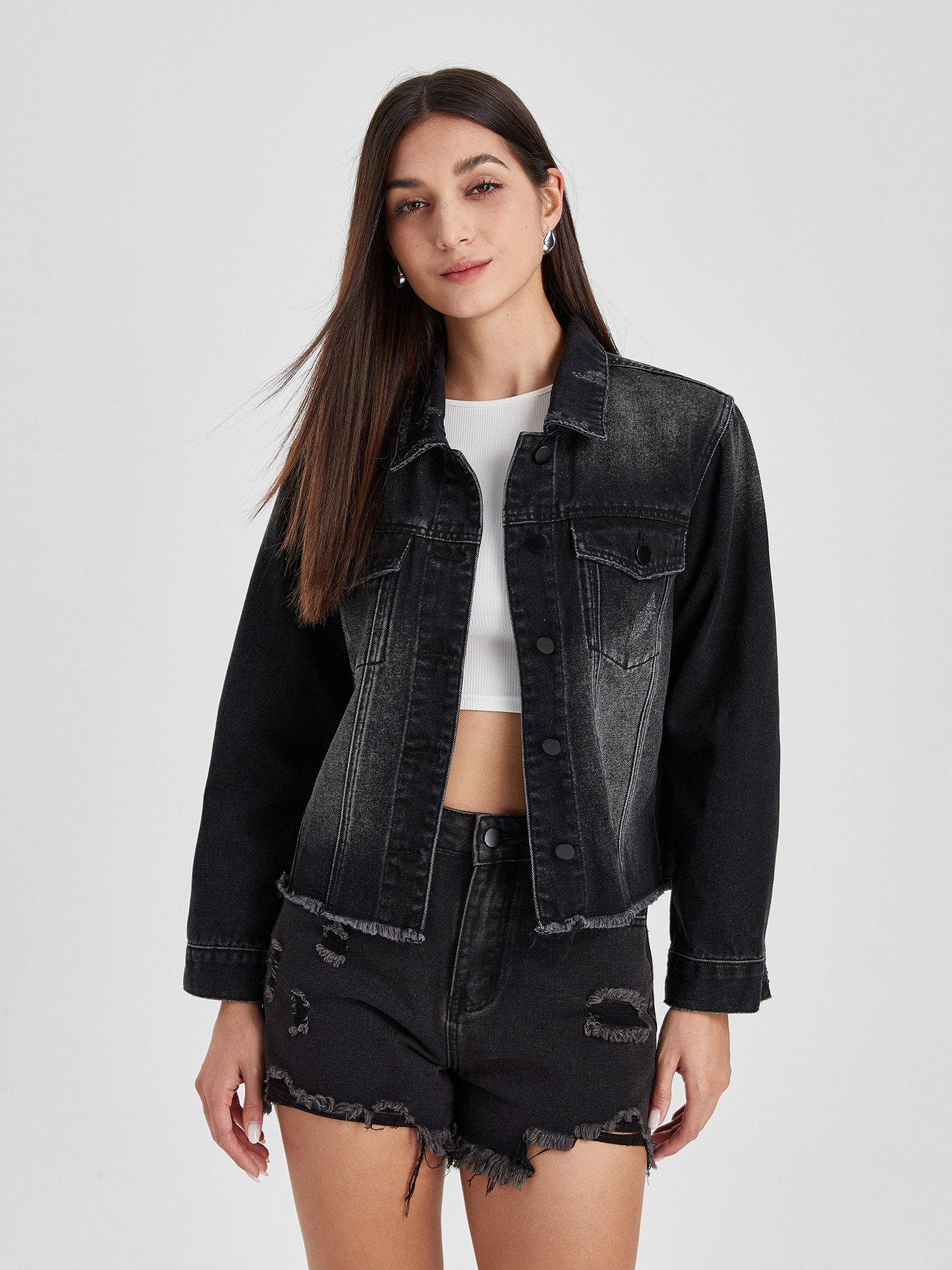 Cropped Fray Hem Denim Jacket - Denim