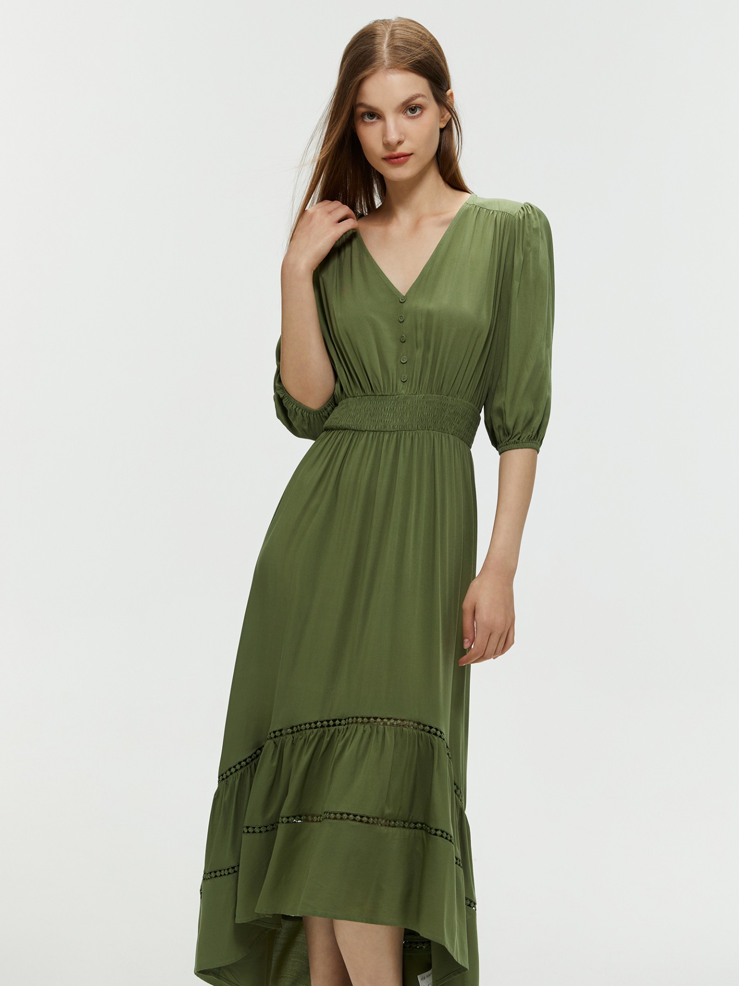Lace Trim Green Floral Long Sleeve Midi Dress