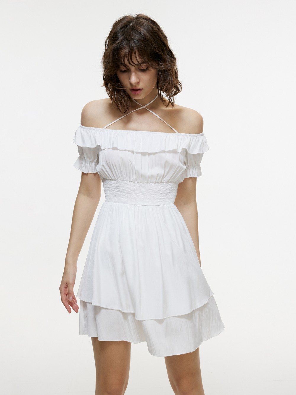 white fitted ruffle dress