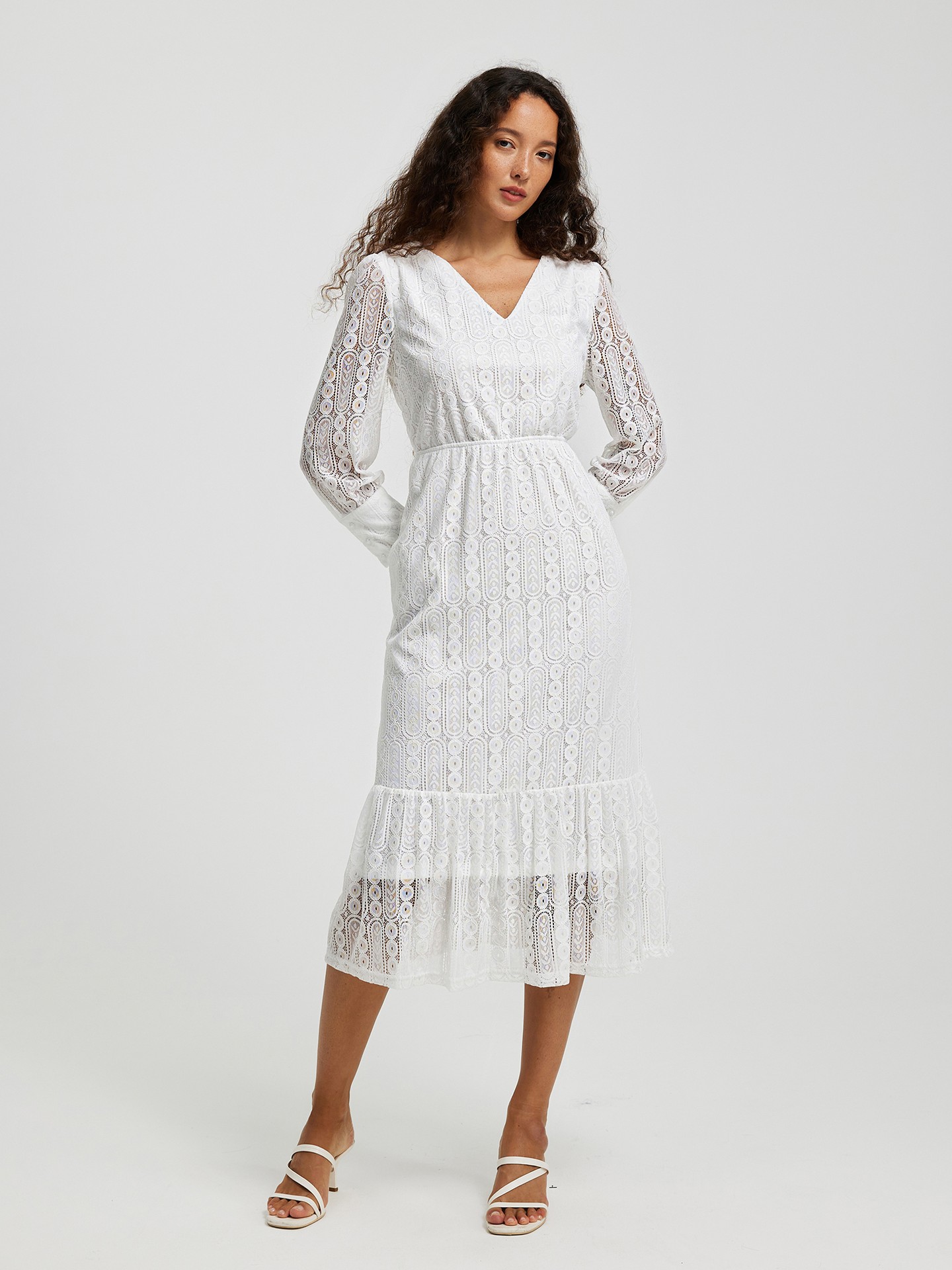 Long Sleeve Lace Dress With Ruffle