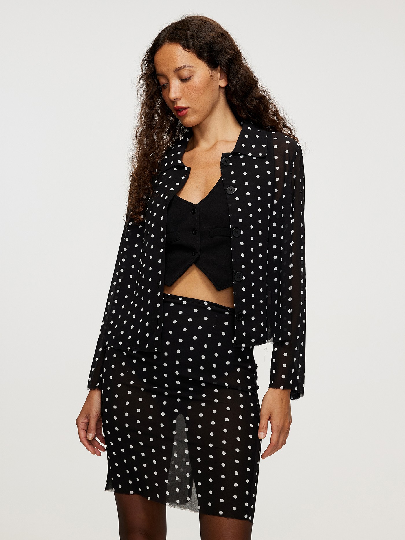 White Crop Top and Polka Dots Skirt Set