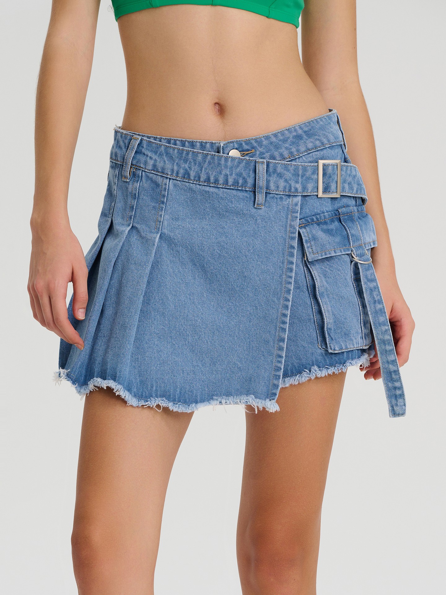 Asymmetric Pleated Denim Skort