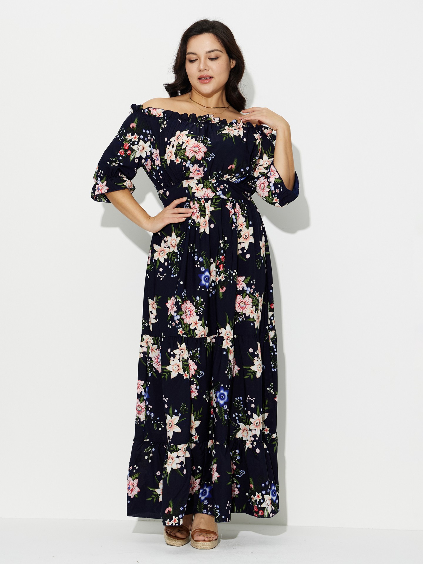 Plus Size Printed Bardot Maxi Dress