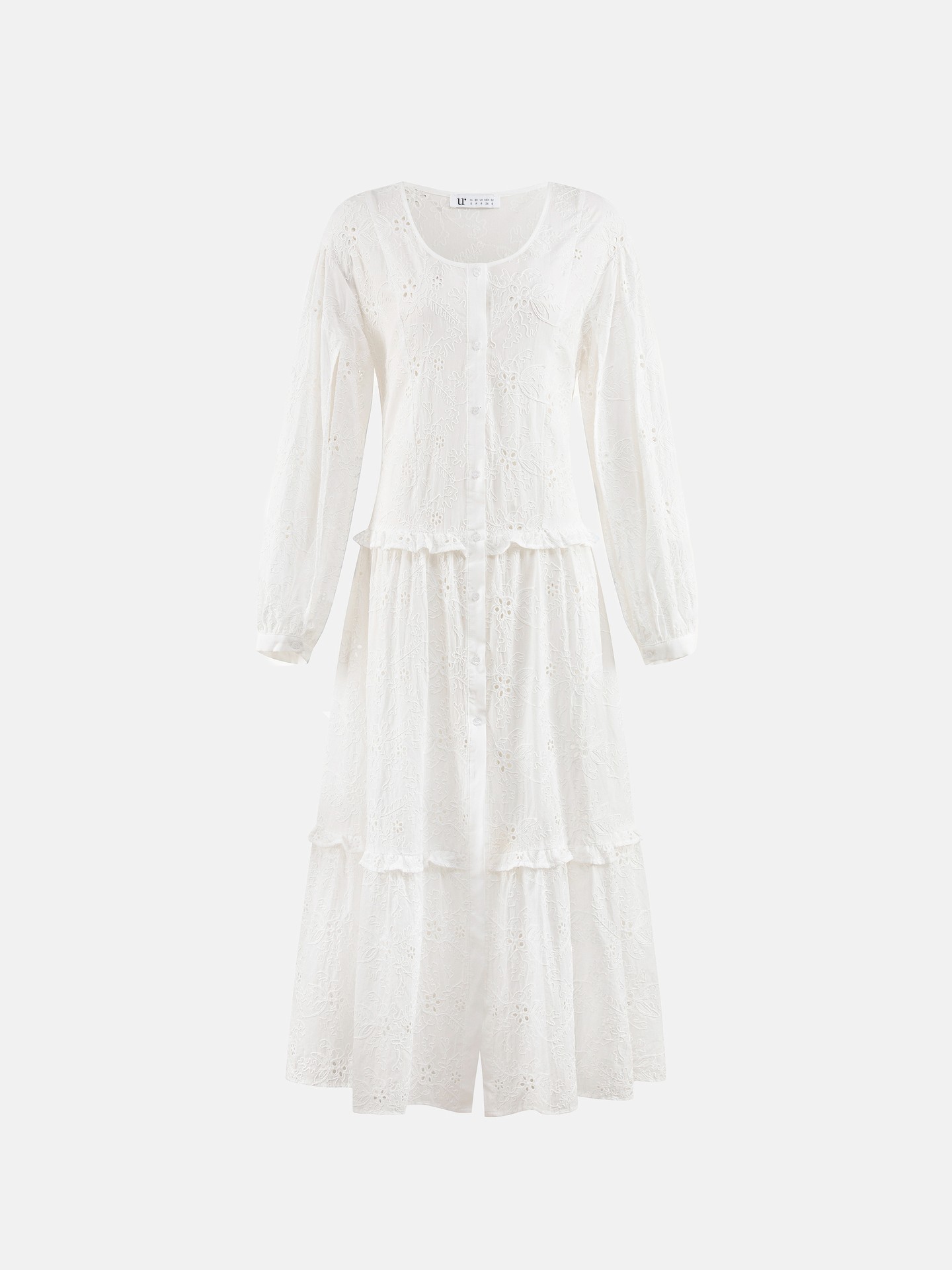 Double Stringed Cutwork Embroidery Ruffle Dress