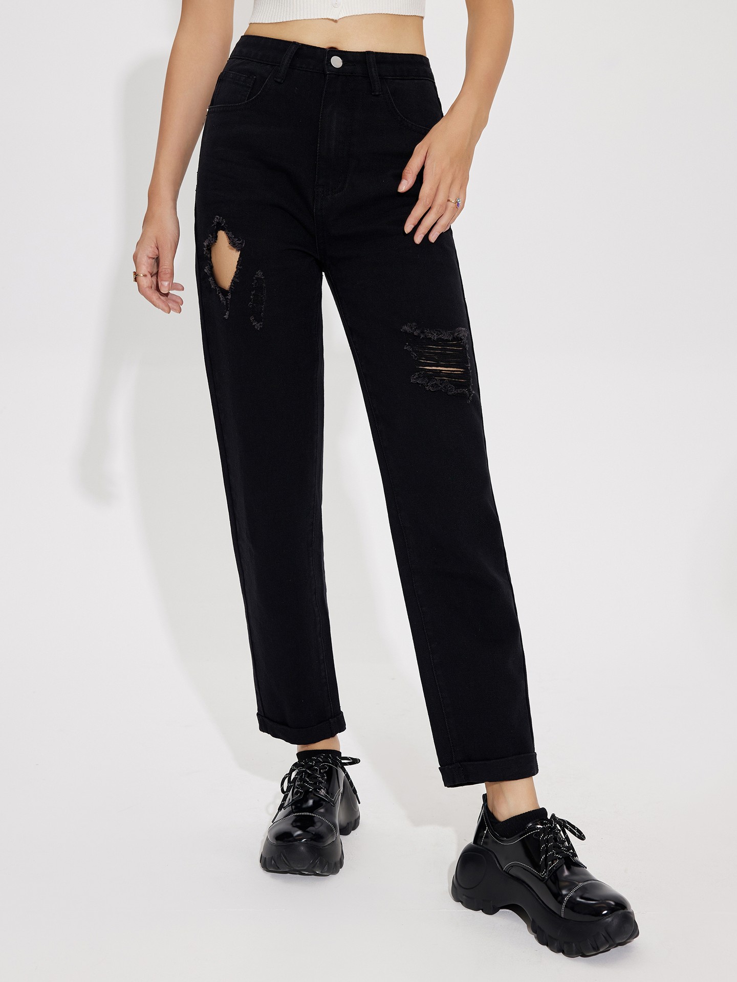 Black ripped outlet straight leg jeans