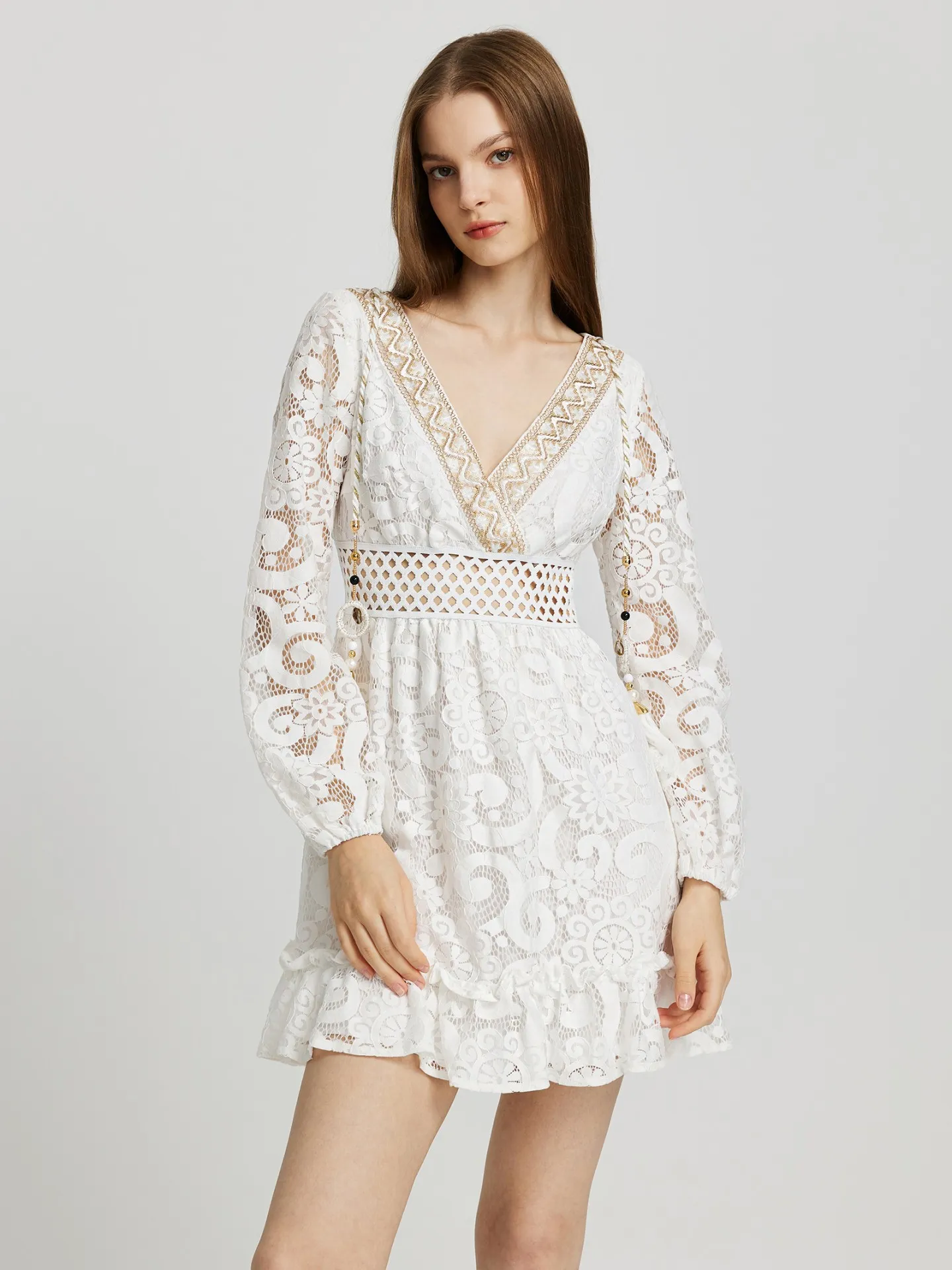 Short Ruffled Lace Dress With Trims